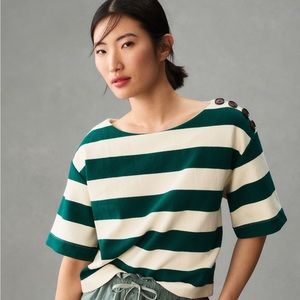 NWT Anthropologie Cotton Striped Boxy Top W/Button Details, Size M